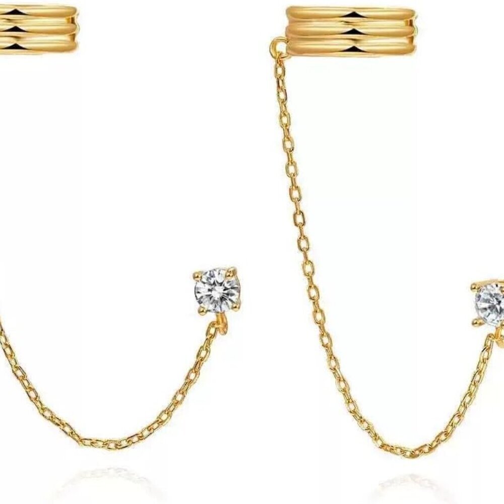 Ear Cuff Gold/Silver Double Chain Dangle Earrings Hoop Clip Jewelry Women